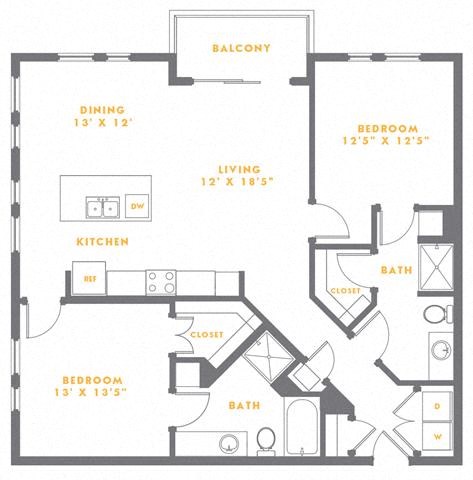 Floor plan for 2 beds, 2 baths, 1228 sqft
