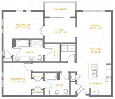 Floor plan for 2 beds, 2 baths, 1436 sqft