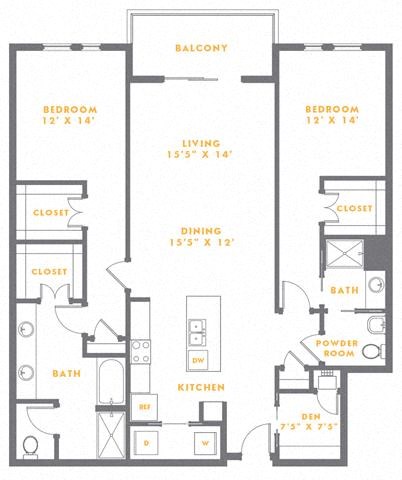Floor plan for 2 beds, 2 baths, 1595 sqft