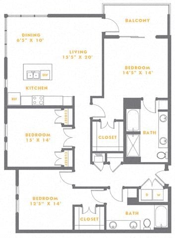Floor plan for 3 beds, 2 baths, 1643 sqft