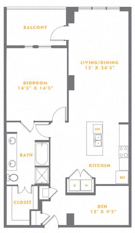 Floor plan for 1 bed, 1 bath, 1166 sqft