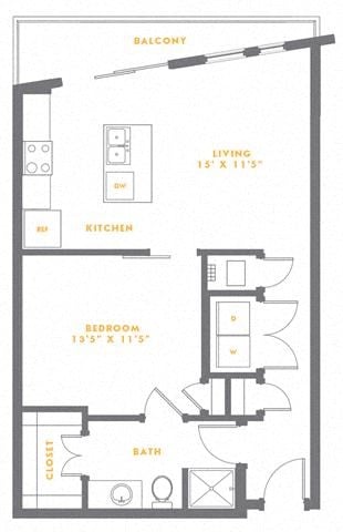 Floor plan for 1 bed, 1 bath, 734 sqft