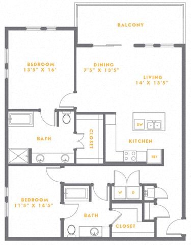 Floor plan for 2 beds, 2 baths, 1388 sqft