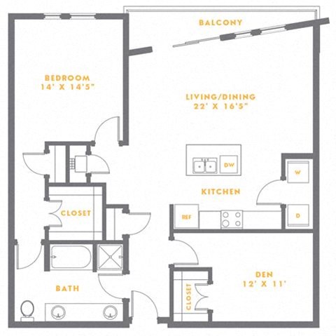 Floor plan for 1 bed, 1 bath, 1211 sqft
