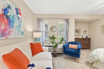 Metairie apartment for rent - A living room with a white couch, a blue chair, and a painting on the wall.