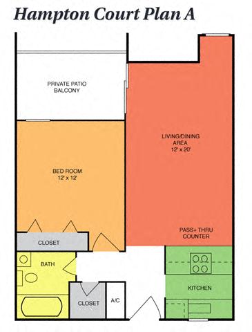 Floor plan for 1 bed, 1 bath, 700 sqft