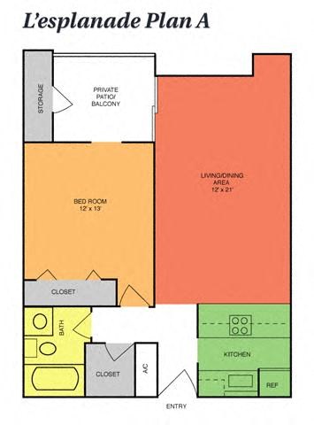 Floor plan for 1 bed, 1 bath, 708 sqft