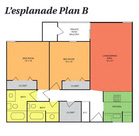 Floor plan for 2 beds, 2 baths, 1050 sqft