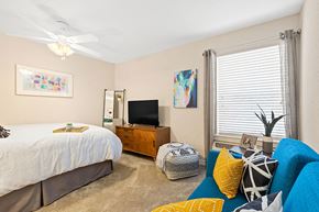 Metairie apartment for rent - A bedroom with a bed, a couch, and a television.