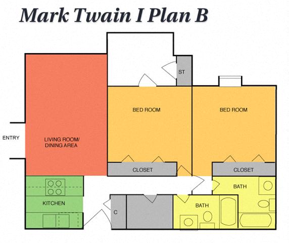 Floor plan for 2 beds, 2 baths, 985 sqft