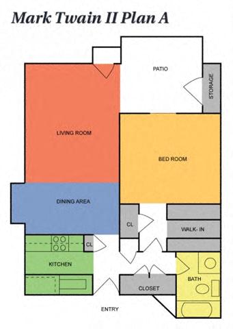 Floor plan for 1 bed, 1 bath, 750 sqft