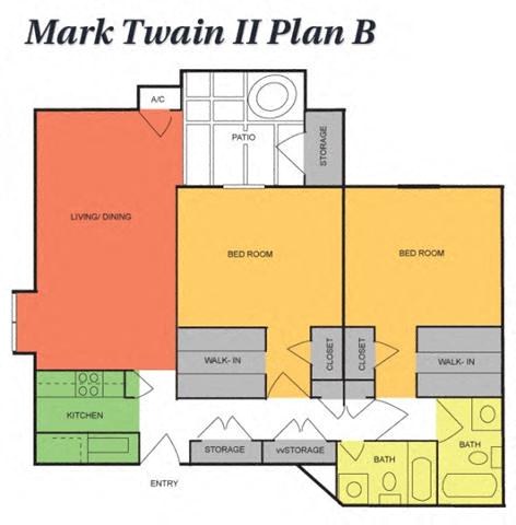 Floor plan for 2 beds, 2 baths, 1050 sqft
