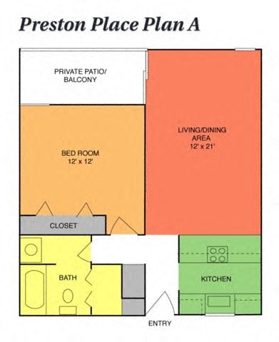 Floor plan for 1 bed, 1 bath, 696 sqft