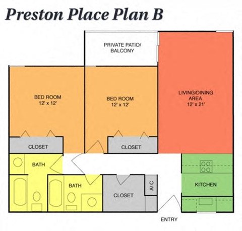 Floor plan for 2 beds, 2 baths, 1050 sqft