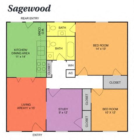 Floor plan for 2 beds, 1.5 baths, 1050 sqft
