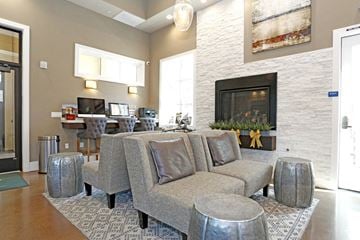 Fremont apartment for rent - A living room with a grey couch and a fireplace.