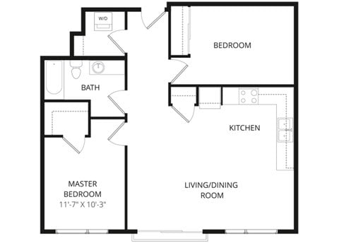 Floor plan for 1 bed, 1 bath, 885 sqft