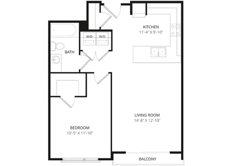 Floor plan for 1 bed, 1 bath, 674 sqft