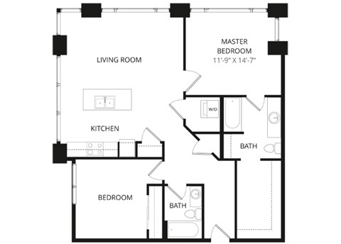 Floor plan for 2 beds, 2 baths, 1074 sqft
