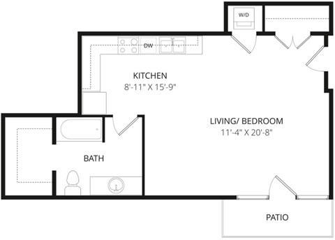 Floor plan for studio, 1 bath, 644 sqft