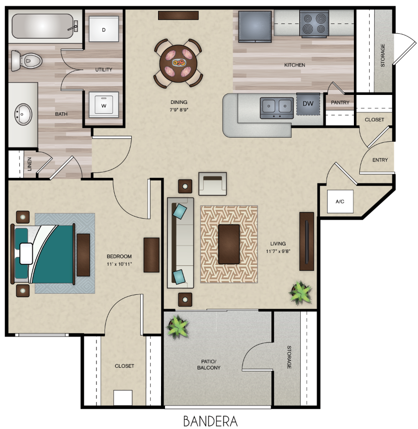 Floor plan for 1 bed, 1 bath, 676 sqft