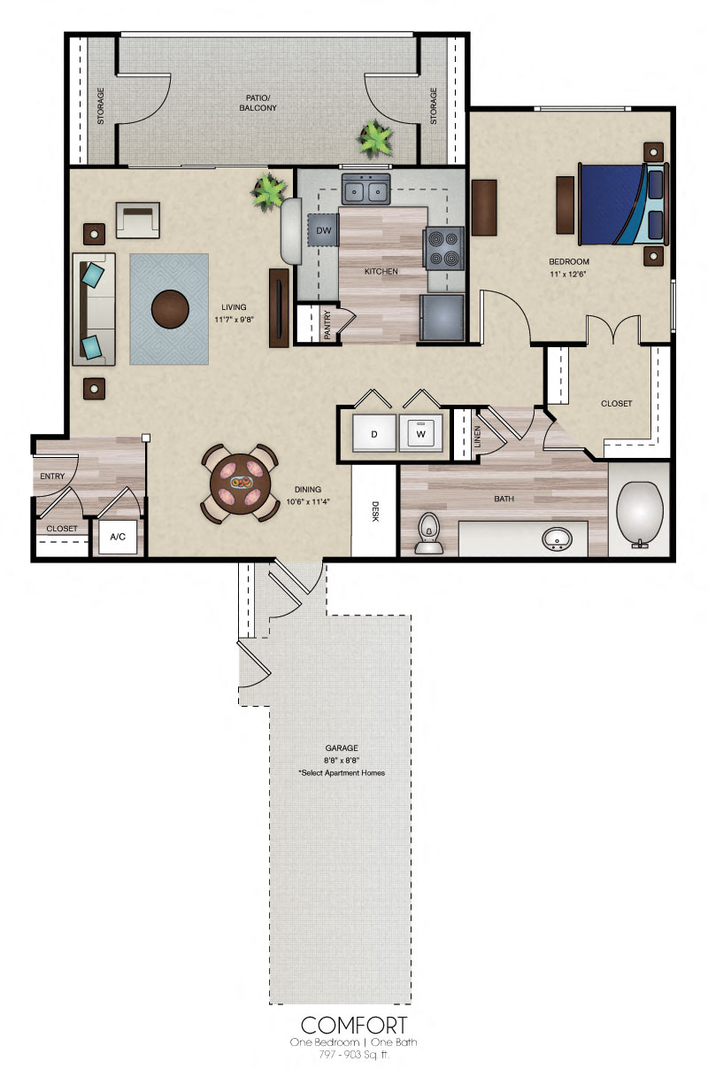 Floor plan for 1 bed, 1 bath, 903 sqft