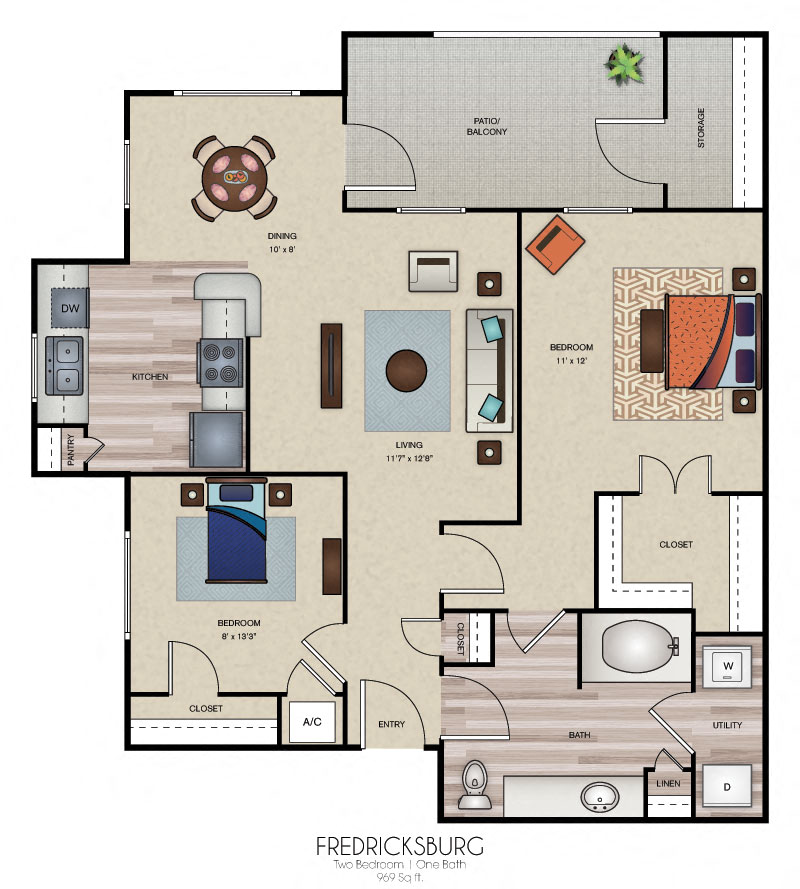 Floor plan for 2 beds, 1 bath, 969 sqft