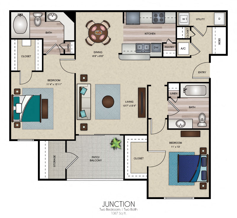Floor plan for 2 beds, 2 baths, 1087 sqft