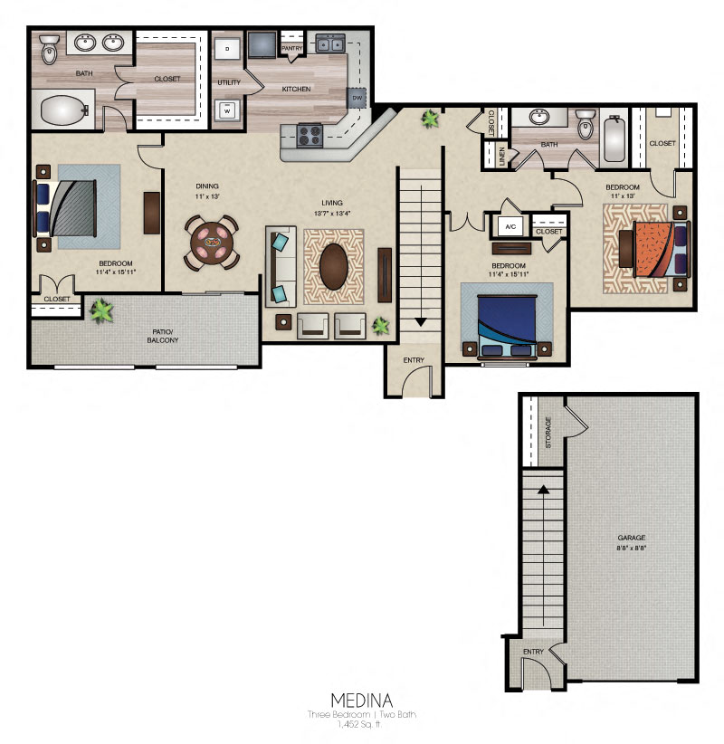 Floor plan for 3 beds, 2 baths, 1452 sqft