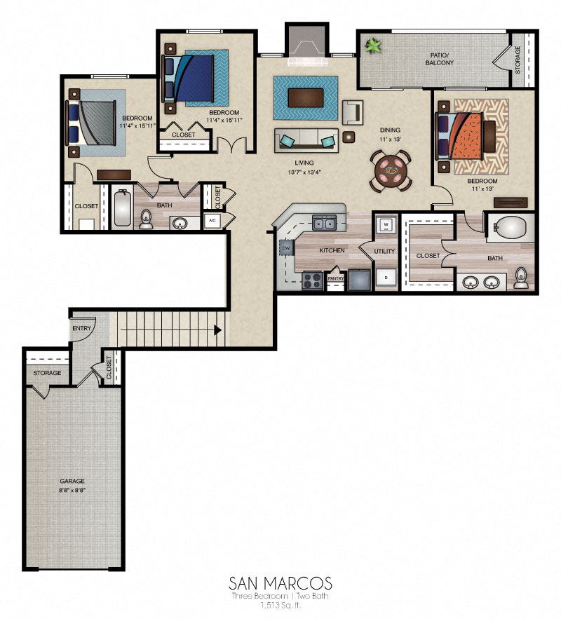 Floor plan for 3 beds, 2 baths, 1513 sqft