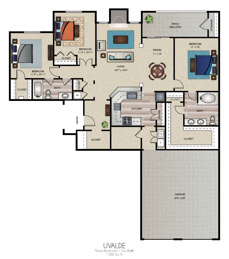 Floor plan for 3 beds, 2 baths, 1585 sqft
