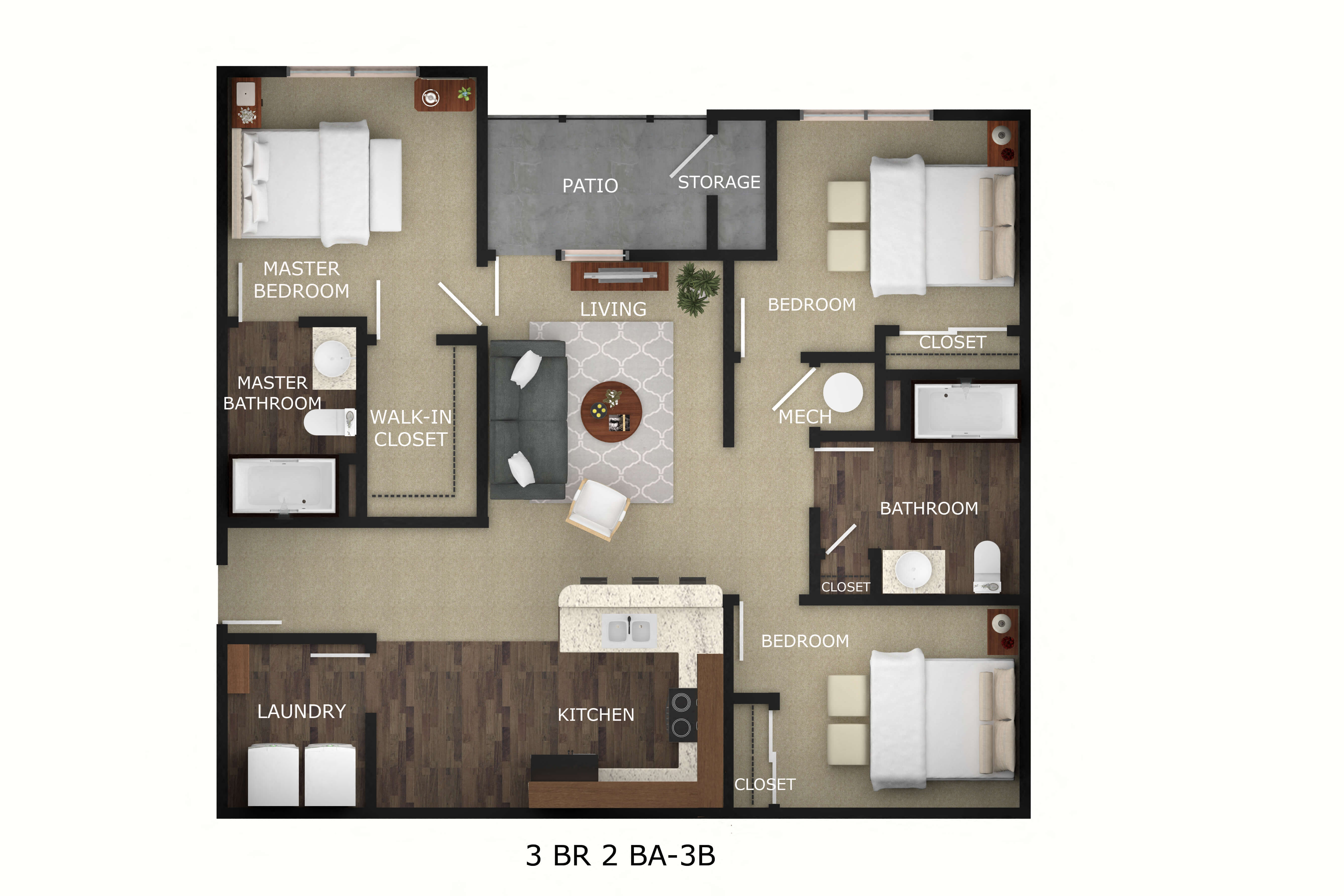 Floor plan for 3 beds, 2 baths, 1140 sqft