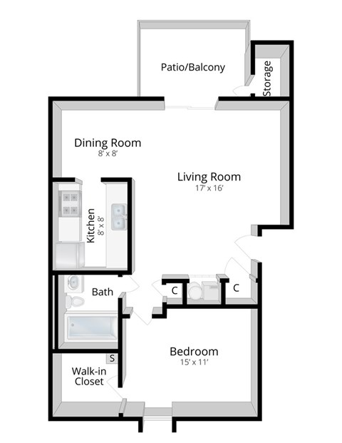 Floor plan for 1 bed, 1 bath, 702 sqft