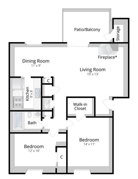 Floor plan for 2 beds, 1 bath, 886 sqft
