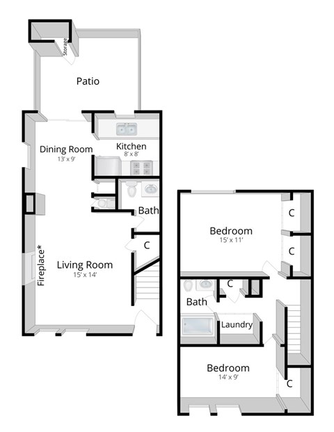 Floor plan for 2 beds, 1.5 baths, 996 sqft