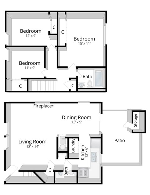 Floor plan for 3 beds, 1.5 baths, 1176 sqft