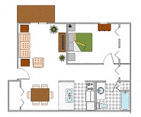 Floor plan for 1 bed, 1 bath, 664 sqft