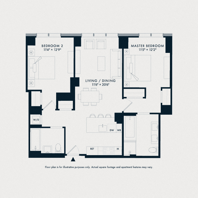 Floor plan for 2 beds, 2 baths, 1031 sqft