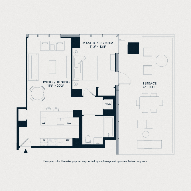 Floor plan for 1 bed, 1 bath, 742 sqft