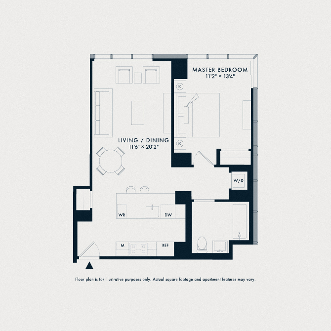 Floor plan for 1 bed, 1 bath, 742 sqft