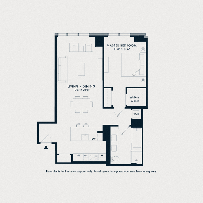 Floor plan for 1 bed, 1 bath, 888 sqft