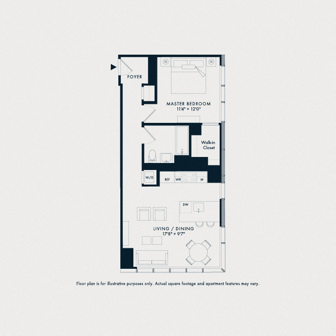 Floor plan for 1 bed, 1 bath, 762 sqft