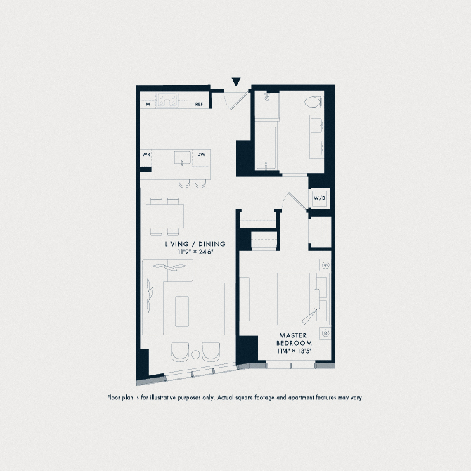 Floor plan for 1 bed, 1 bath, 832 sqft