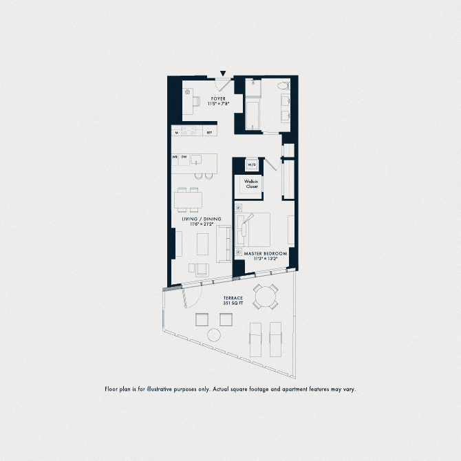 Floor plan for 1 bed, 1 bath, 907 sqft