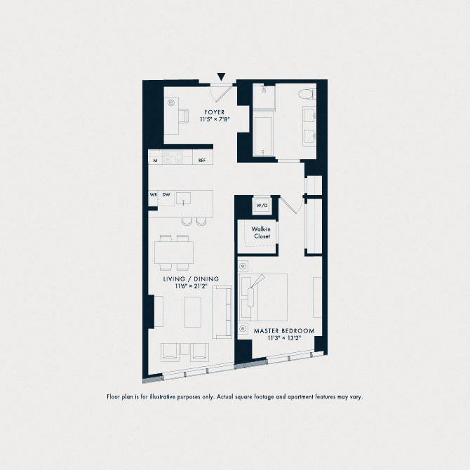 Floor plan for 1 bed, 1 bath, 907 sqft