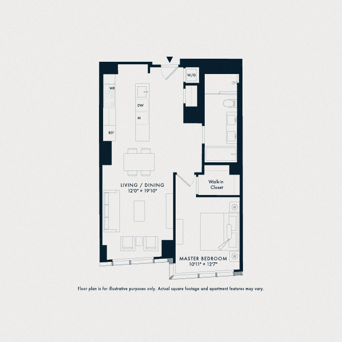 Floor plan for 1 bed, 1 bath, 893 sqft