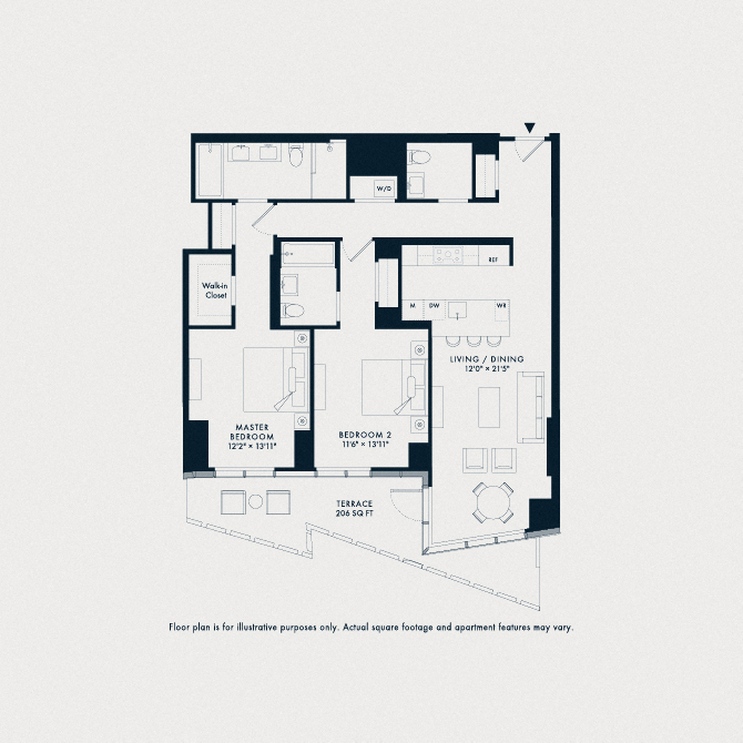 Floor plan for 2 beds, 2.5 baths, 1344 sqft