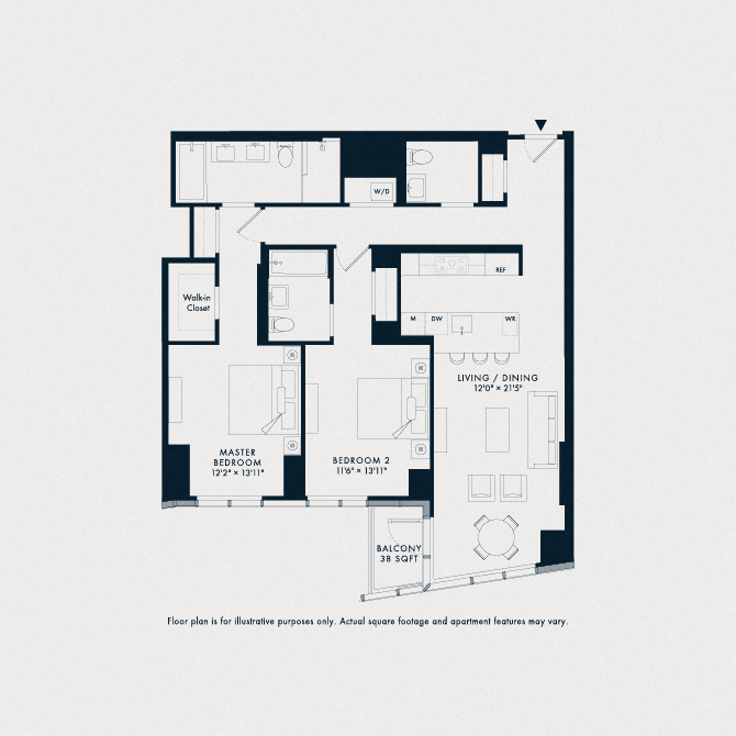 Floor plan for 2 beds, 2.5 baths, 1344 sqft