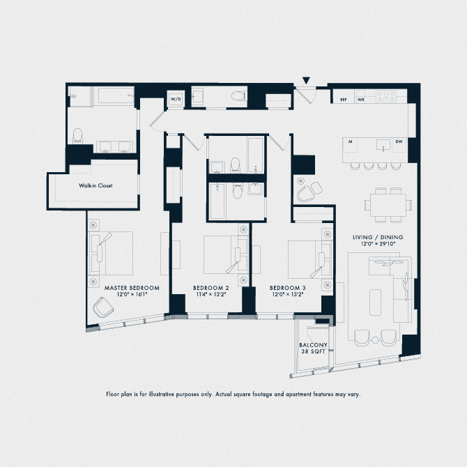 Floor plan for 3 beds, 3.5 baths, 1870 sqft