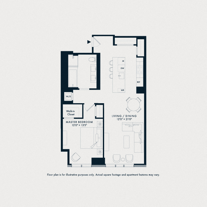 Floor plan for 1 bed, 1 bath, 924 sqft